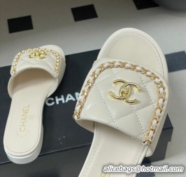 Best Grade Chanel Lambskin Leather Flat Slides Sandal with Chain with Foldover G45474 White 2026