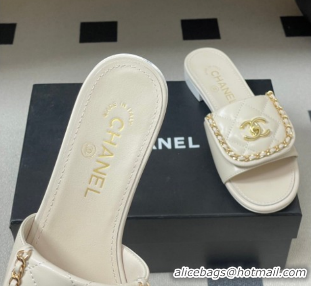 Best Grade Chanel Lambskin Leather Flat Slides Sandal with Chain with Foldover G45474 White 2026