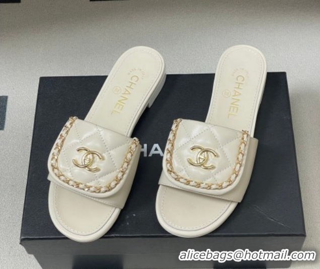 Best Grade Chanel Lambskin Leather Flat Slides Sandal with Chain with Foldover G45474 White 2026