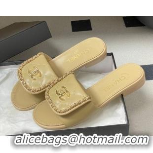 Most Popular Chanel Lambskin Leather Flat Slides Sandal with Chain with Foldover G45474 Beige 2026