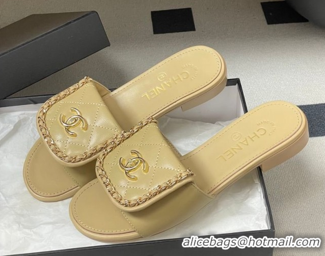 Most Popular Chanel Lambskin Leather Flat Slides Sandal with Chain with Foldover G45474 Beige 2026
