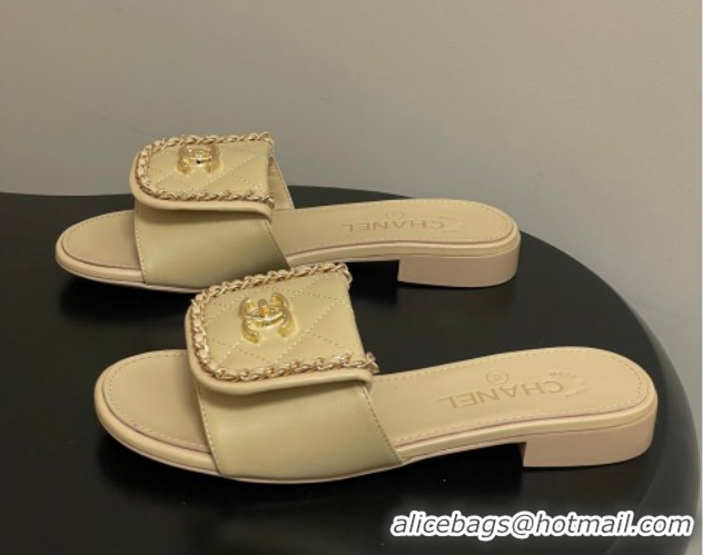 Most Popular Chanel Lambskin Leather Flat Slides Sandal with Chain with Foldover G45474 Beige 2026