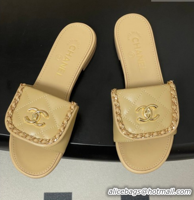 Most Popular Chanel Lambskin Leather Flat Slides Sandal with Chain with Foldover G45474 Beige 2026