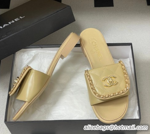 Most Popular Chanel Lambskin Leather Flat Slides Sandal with Chain with Foldover G45474 Beige 2026