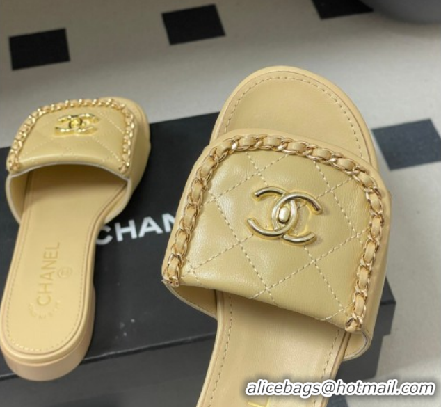Most Popular Chanel Lambskin Leather Flat Slides Sandal with Chain with Foldover G45474 Beige 2026