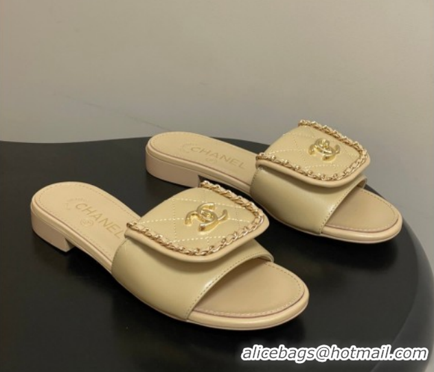 Most Popular Chanel Lambskin Leather Flat Slides Sandal with Chain with Foldover G45474 Beige 2026