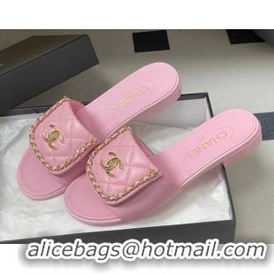 Classic Hot Chanel Lambskin Leather Flat Slides Sandal with Chain with Foldover G45474 Pink 2026