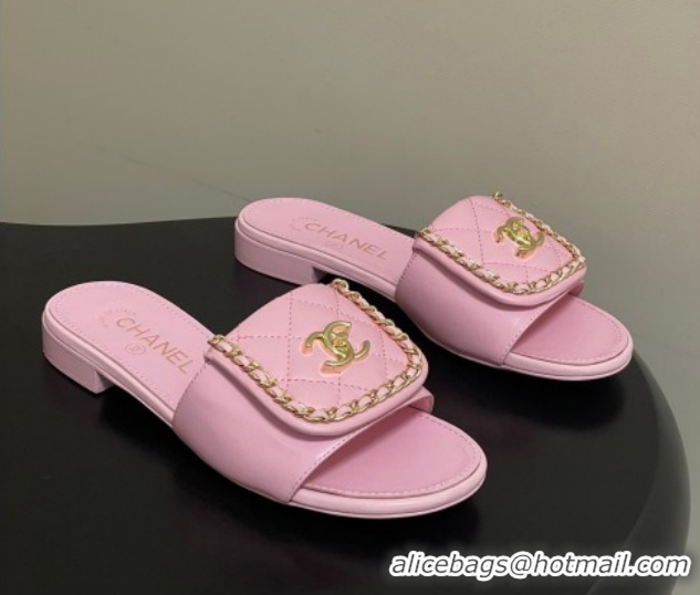Classic Hot Chanel Lambskin Leather Flat Slides Sandal with Chain with Foldover G45474 Pink 2026