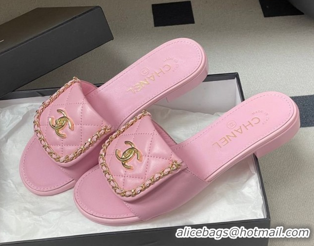 Classic Hot Chanel Lambskin Leather Flat Slides Sandal with Chain with Foldover G45474 Pink 2026