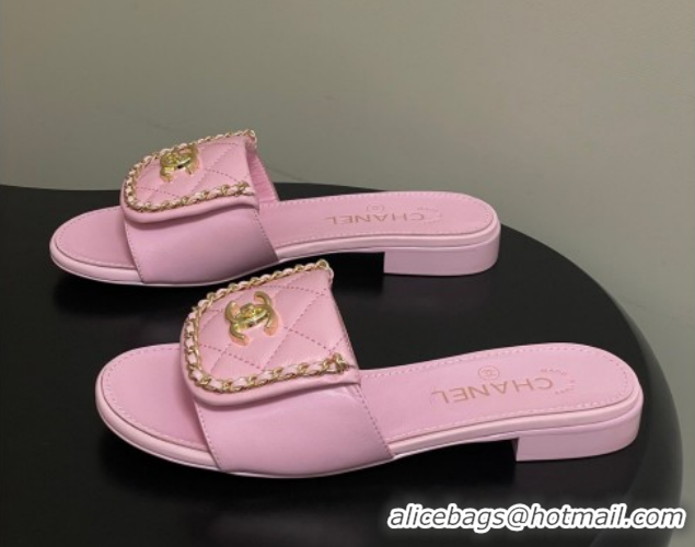 Classic Hot Chanel Lambskin Leather Flat Slides Sandal with Chain with Foldover G45474 Pink 2026
