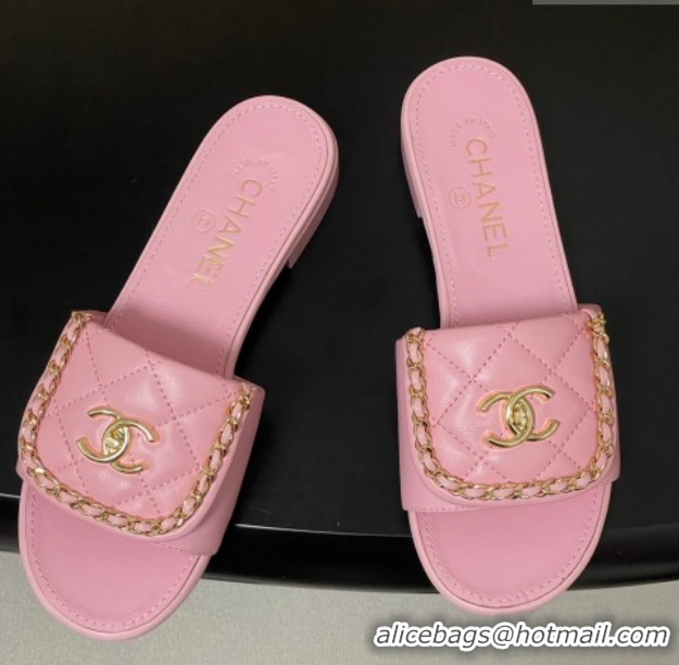 Classic Hot Chanel Lambskin Leather Flat Slides Sandal with Chain with Foldover G45474 Pink 2026
