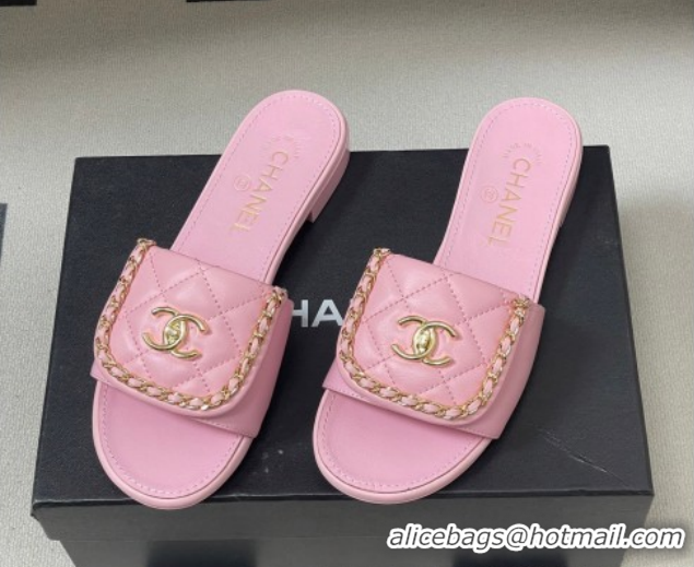 Classic Hot Chanel Lambskin Leather Flat Slides Sandal with Chain with Foldover G45474 Pink 2026