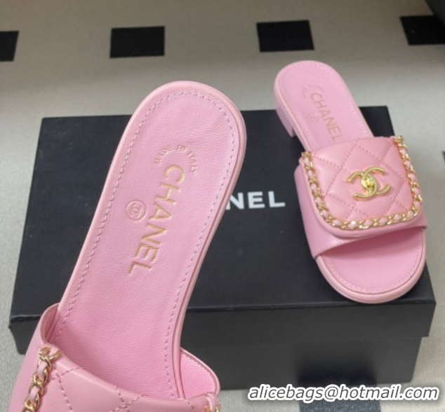 Classic Hot Chanel Lambskin Leather Flat Slides Sandal with Chain with Foldover G45474 Pink 2026
