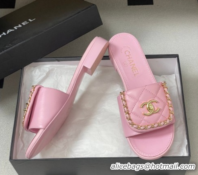 Classic Hot Chanel Lambskin Leather Flat Slides Sandal with Chain with Foldover G45474 Pink 2026