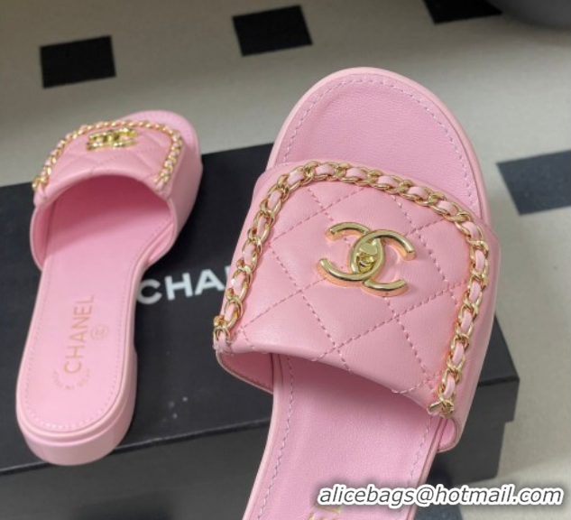 Classic Hot Chanel Lambskin Leather Flat Slides Sandal with Chain with Foldover G45474 Pink 2026