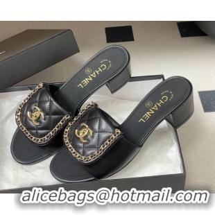 Good Quality Chanel Lambskin Leather Heel Slides Sandal 5cm with Chain and Foldover G45474 Black 2026