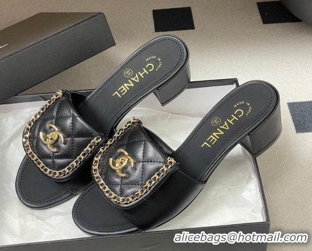 Good Quality Chanel Lambskin Leather Heel Slides Sandal 5cm with Chain and Foldover G45474 Black 2026