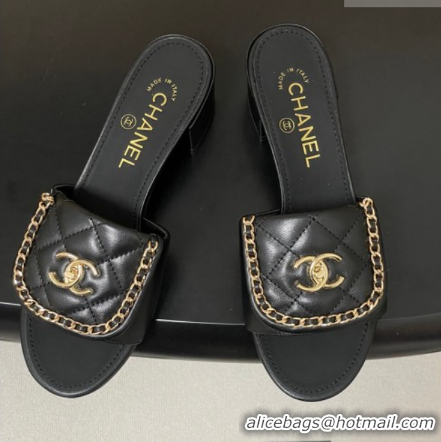Good Quality Chanel Lambskin Leather Heel Slides Sandal 5cm with Chain and Foldover G45474 Black 2026