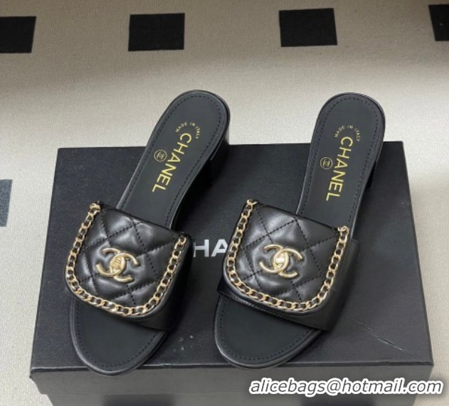 Good Quality Chanel Lambskin Leather Heel Slides Sandal 5cm with Chain and Foldover G45474 Black 2026