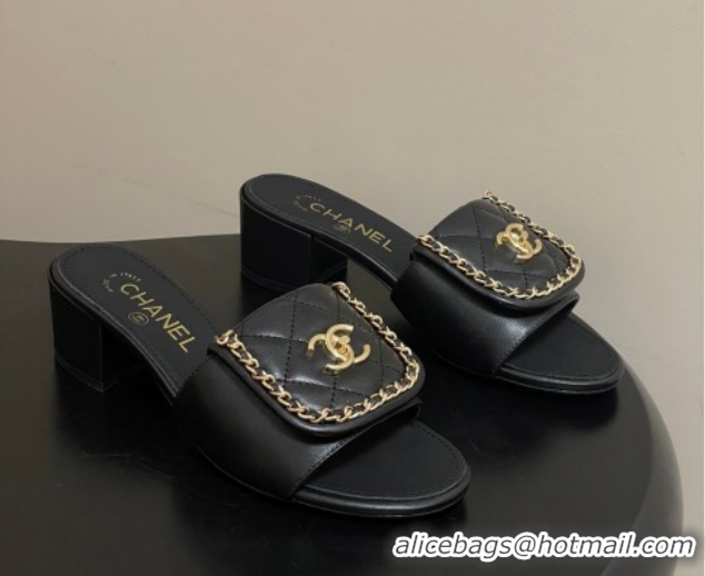 Good Quality Chanel Lambskin Leather Heel Slides Sandal 5cm with Chain and Foldover G45474 Black 2026