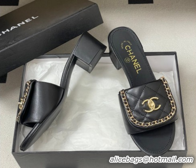 Good Quality Chanel Lambskin Leather Heel Slides Sandal 5cm with Chain and Foldover G45474 Black 2026