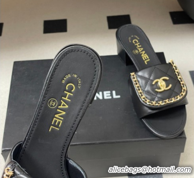 Good Quality Chanel Lambskin Leather Heel Slides Sandal 5cm with Chain and Foldover G45474 Black 2026