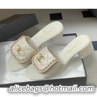 Durable Chanel Lambskin Leather Heel Slides Sandal 5cm with Chain and Foldover G45474 White 2026