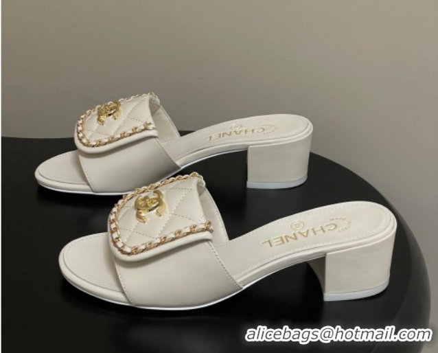 Durable Chanel Lambskin Leather Heel Slides Sandal 5cm with Chain and Foldover G45474 White 2026