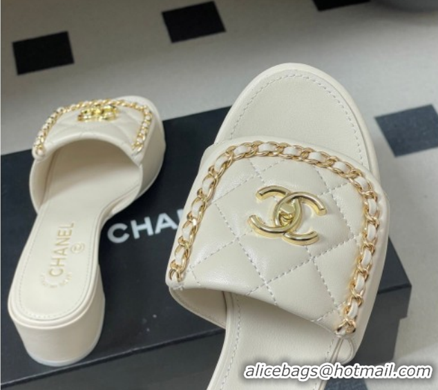 Durable Chanel Lambskin Leather Heel Slides Sandal 5cm with Chain and Foldover G45474 White 2026