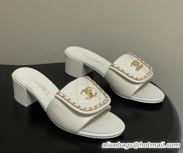 Durable Chanel Lambskin Leather Heel Slides Sandal 5cm with Chain and Foldover G45474 White 2026