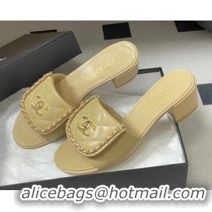 Grade Quality Chanel Lambskin Leather Heel Slides Sandal 5cm with Chain and Foldover G45474 Beige 2026