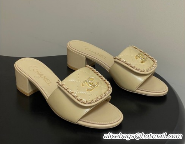 Grade Quality Chanel Lambskin Leather Heel Slides Sandal 5cm with Chain and Foldover G45474 Beige 2026