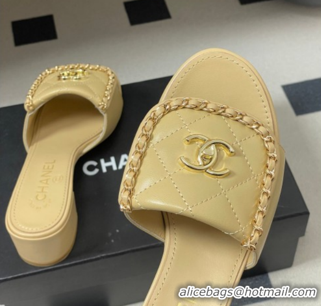Grade Quality Chanel Lambskin Leather Heel Slides Sandal 5cm with Chain and Foldover G45474 Beige 2026