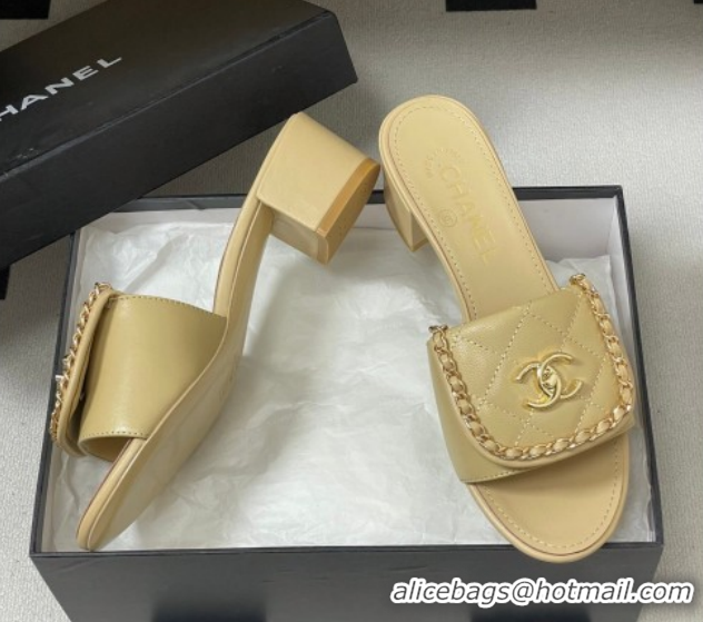 Grade Quality Chanel Lambskin Leather Heel Slides Sandal 5cm with Chain and Foldover G45474 Beige 2026