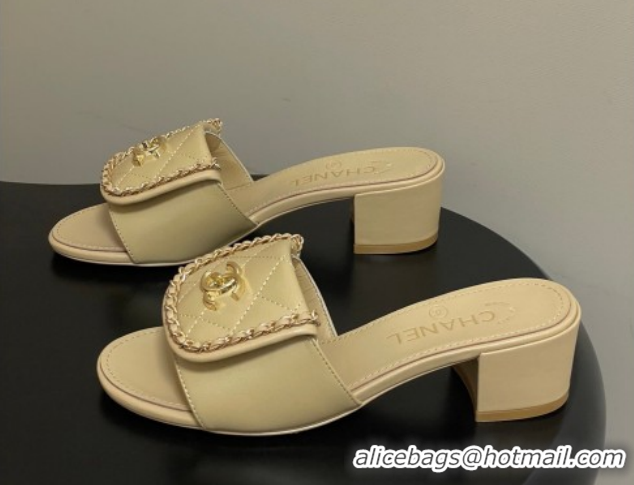Grade Quality Chanel Lambskin Leather Heel Slides Sandal 5cm with Chain and Foldover G45474 Beige 2026