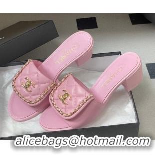 Good Quality Chanel Lambskin Leather Heel Slides Sandal 5cm with Chain and Foldover G45474 Pink 2026