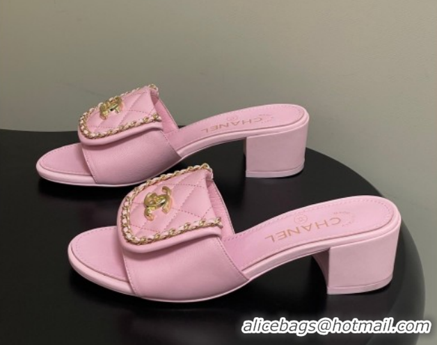 Good Quality Chanel Lambskin Leather Heel Slides Sandal 5cm with Chain and Foldover G45474 Pink 2026