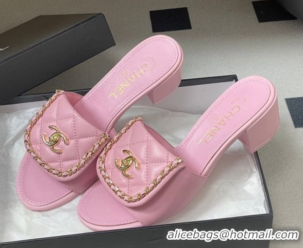 Good Quality Chanel Lambskin Leather Heel Slides Sandal 5cm with Chain and Foldover G45474 Pink 2026
