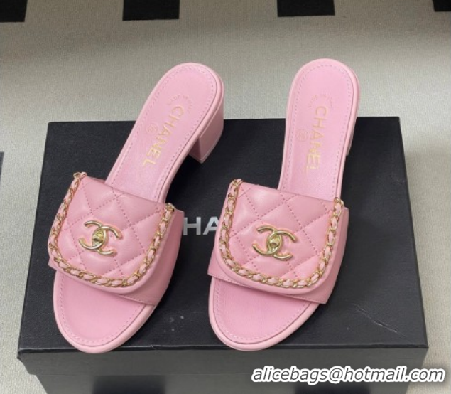 Good Quality Chanel Lambskin Leather Heel Slides Sandal 5cm with Chain and Foldover G45474 Pink 2026