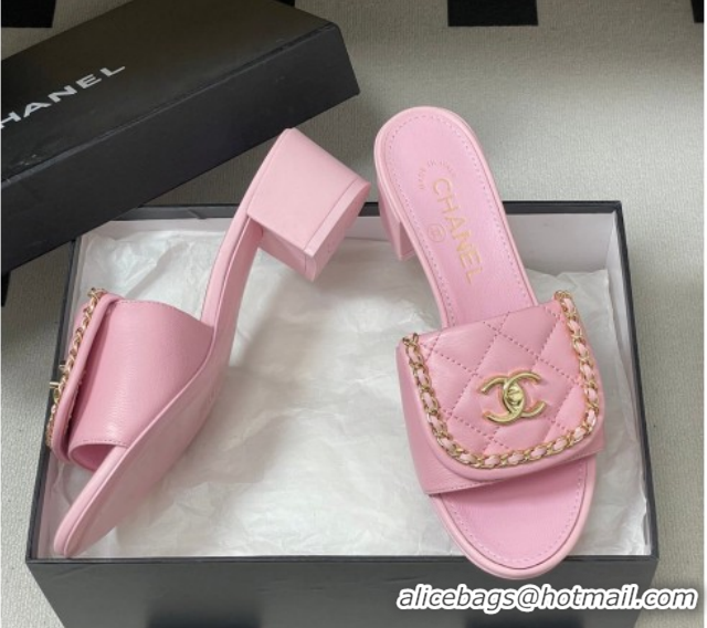 Good Quality Chanel Lambskin Leather Heel Slides Sandal 5cm with Chain and Foldover G45474 Pink 2026