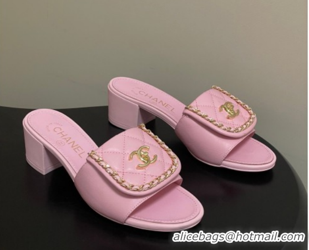 Good Quality Chanel Lambskin Leather Heel Slides Sandal 5cm with Chain and Foldover G45474 Pink 2026