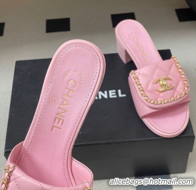 Good Quality Chanel Lambskin Leather Heel Slides Sandal 5cm with Chain and Foldover G45474 Pink 2026