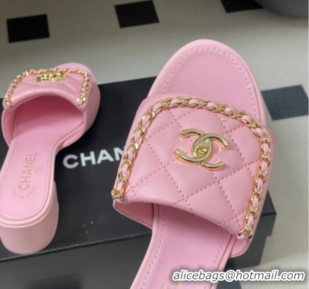 Good Quality Chanel Lambskin Leather Heel Slides Sandal 5cm with Chain and Foldover G45474 Pink 2026