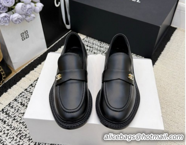Best Product Chanel Calfskin Leather Loafers with Strass CC Strap G46995 Black 2026