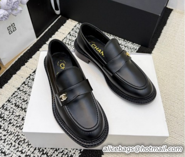 Best Product Chanel Calfskin Leather Loafers with Strass CC Strap G46995 Black 2026