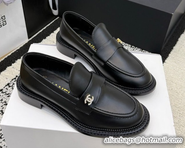 Best Product Chanel Calfskin Leather Loafers with Strass CC Strap G46995 Black 2026