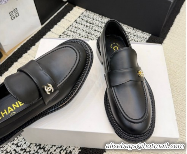 Best Product Chanel Calfskin Leather Loafers with Strass CC Strap G46995 Black 2026