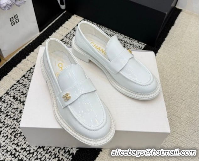 Shop Duplicate Chanel Calfskin Leather Loafers with Strass CC Strap G46995 White 2026
