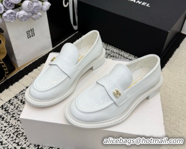 Shop Duplicate Chanel Calfskin Leather Loafers with Strass CC Strap G46995 White 2026