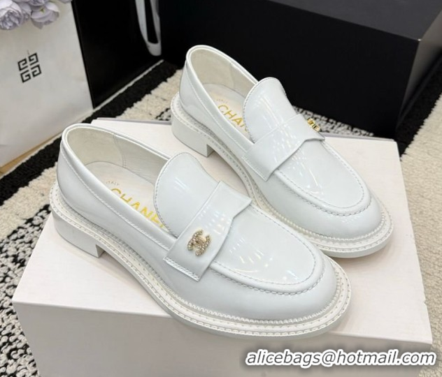 Shop Duplicate Chanel Calfskin Leather Loafers with Strass CC Strap G46995 White 2026